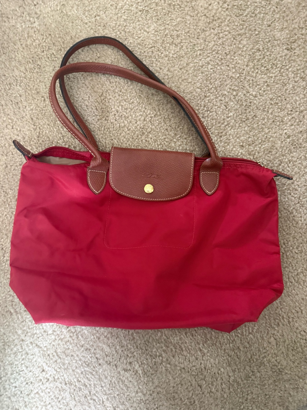 Red Nylon Tote Bag with Brown Trim